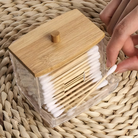 Bamboo Lid Cotton Buds Dispenser Bathroom Organizer for Cotton Balls, Cleaning Buds, and Storage Box