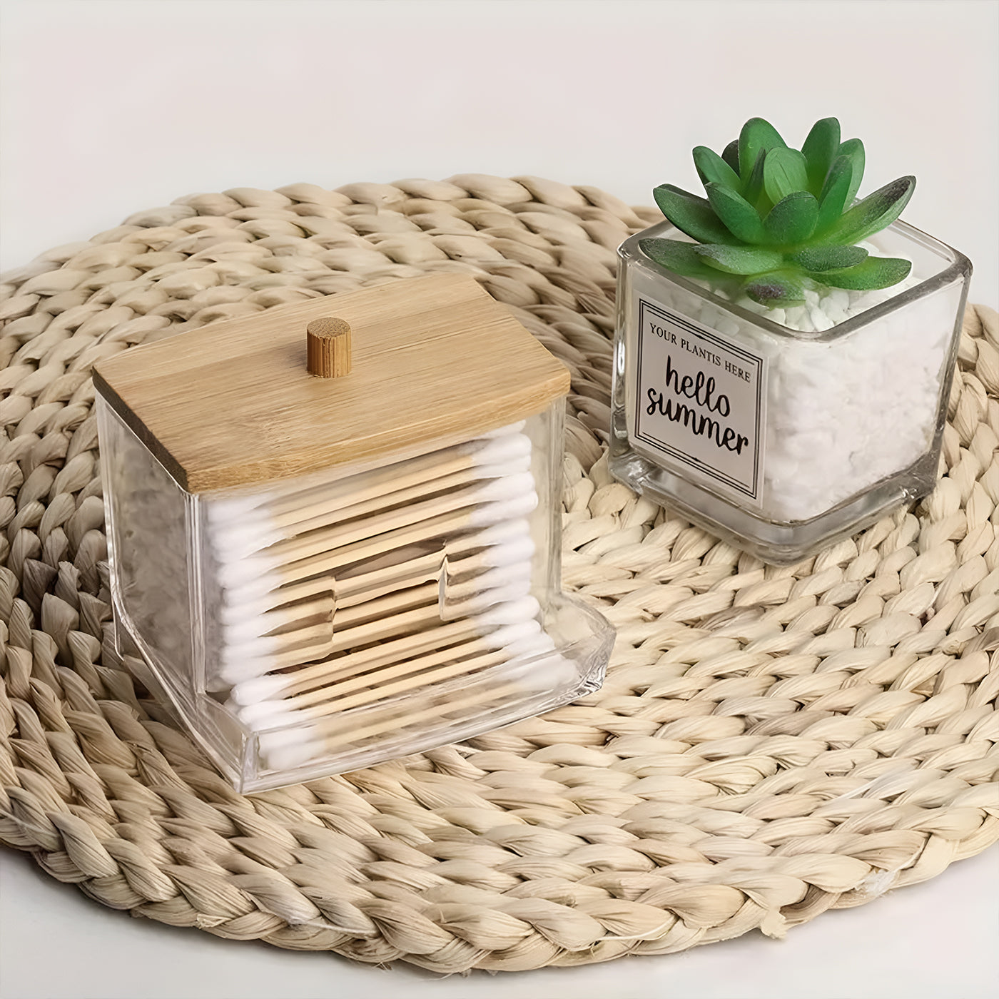 Bamboo Lid Cotton Buds Dispenser Bathroom Organizer for Cotton Balls, Cleaning Buds, and Storage Box