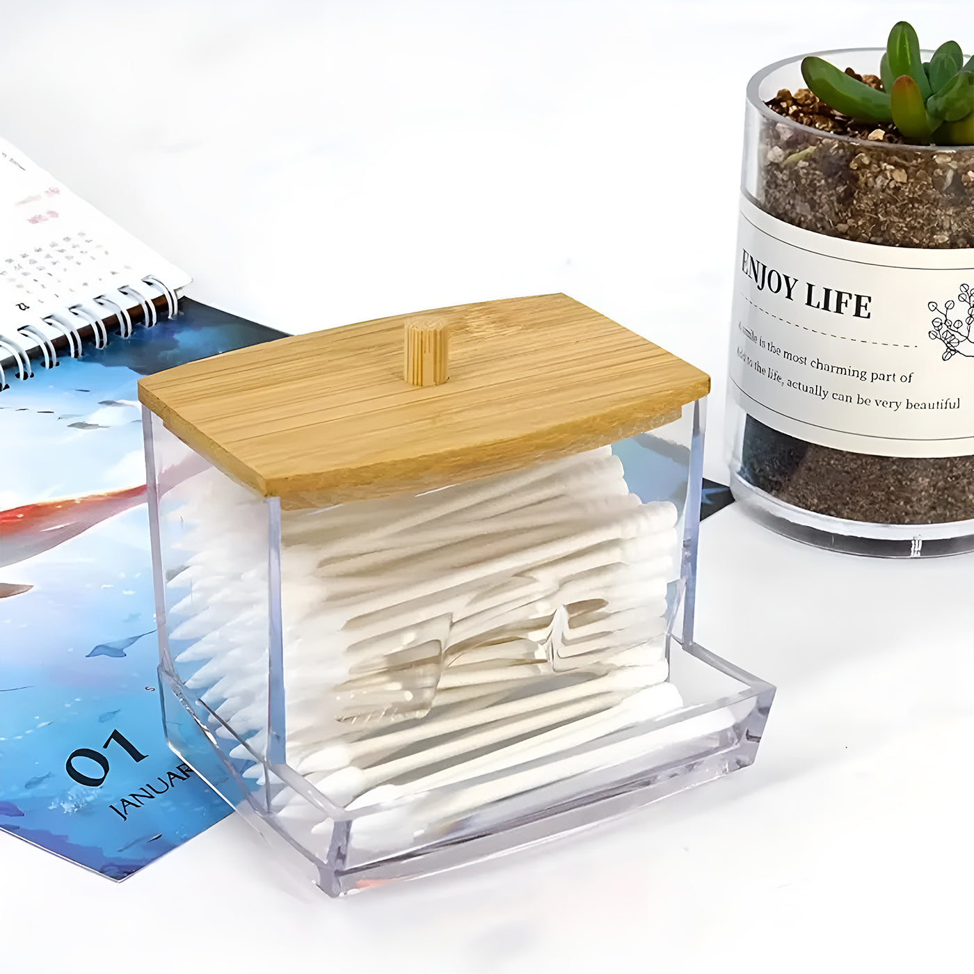Bamboo Lid Cotton Buds Dispenser Bathroom Organizer for Cotton Balls, Cleaning Buds, and Storage Box