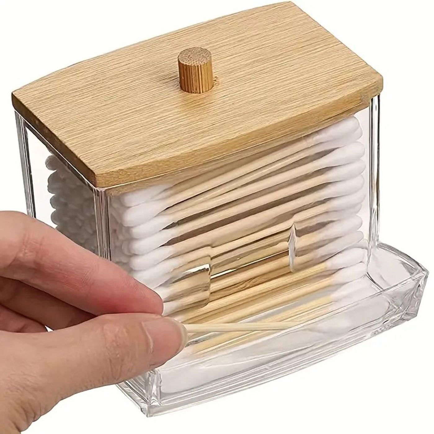 Bamboo Lid Cotton Buds Dispenser Bathroom Organizer for Cotton Balls, Cleaning Buds, and Storage Box