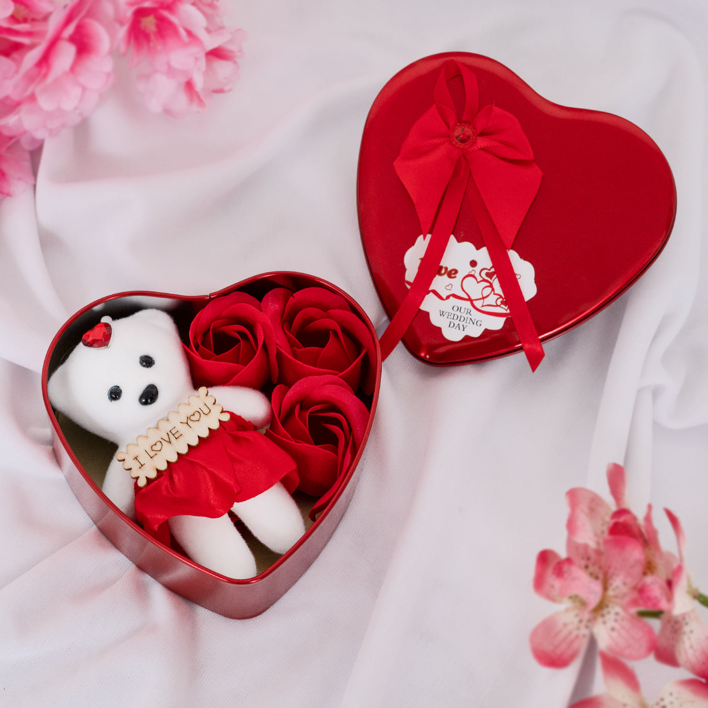 Heart Shape Box with Teddy and Red Rose Flowers Combo