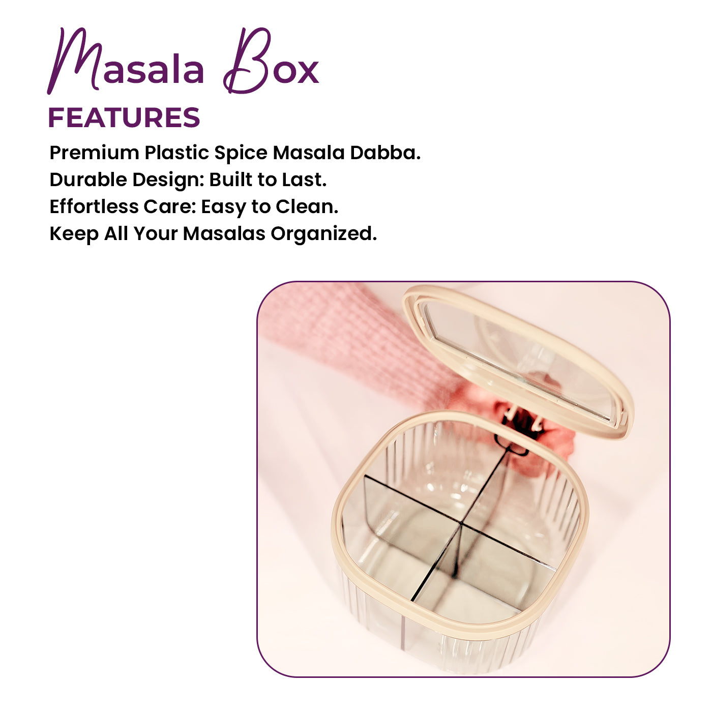 4-Compartment Plastic Spice Container: Seasoning Box with Lid, Spoon, and Handle for Sugar, Nuts, Spices (White)