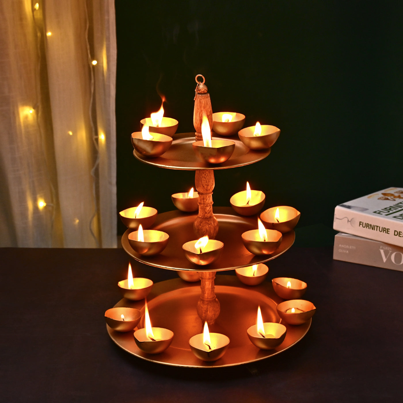Golden Metal & Wood 3 Layered Hanging Tea Light Holder With 21 Diyas