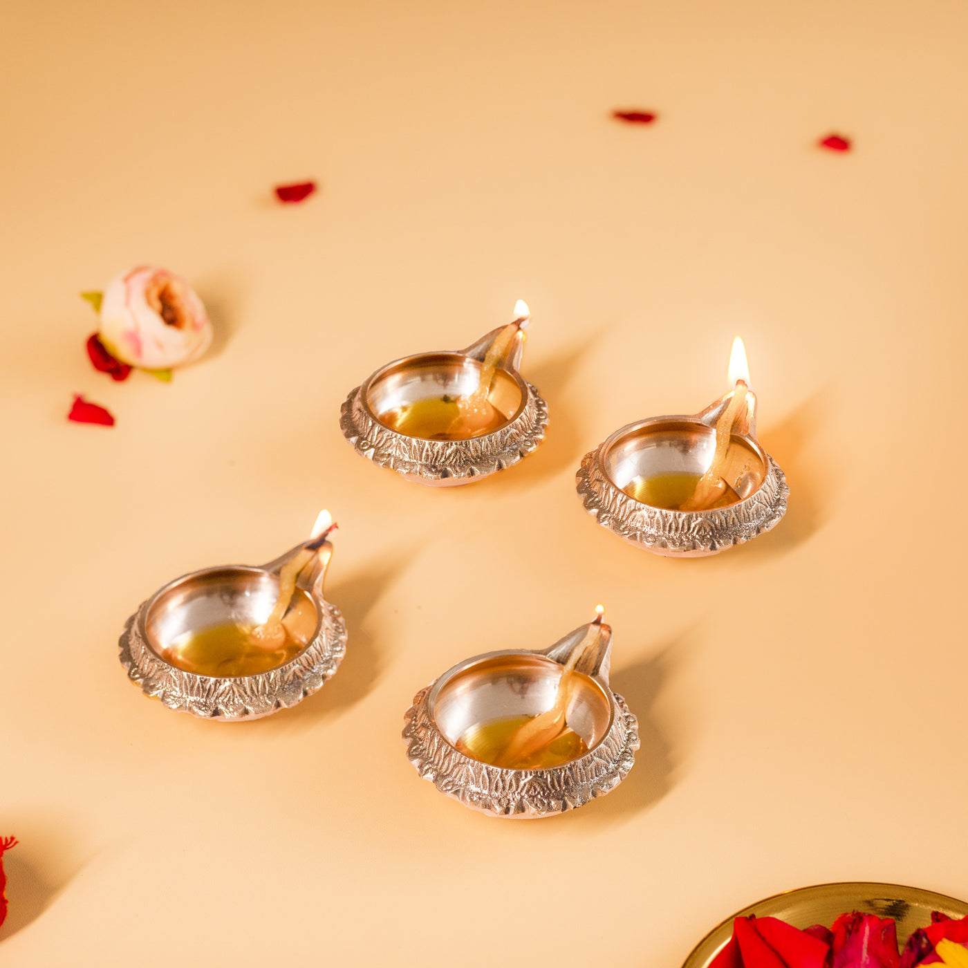 Large Size Set Of 4 Kuber Brass Aarti Diya for Home,Temples, Festive Gifts