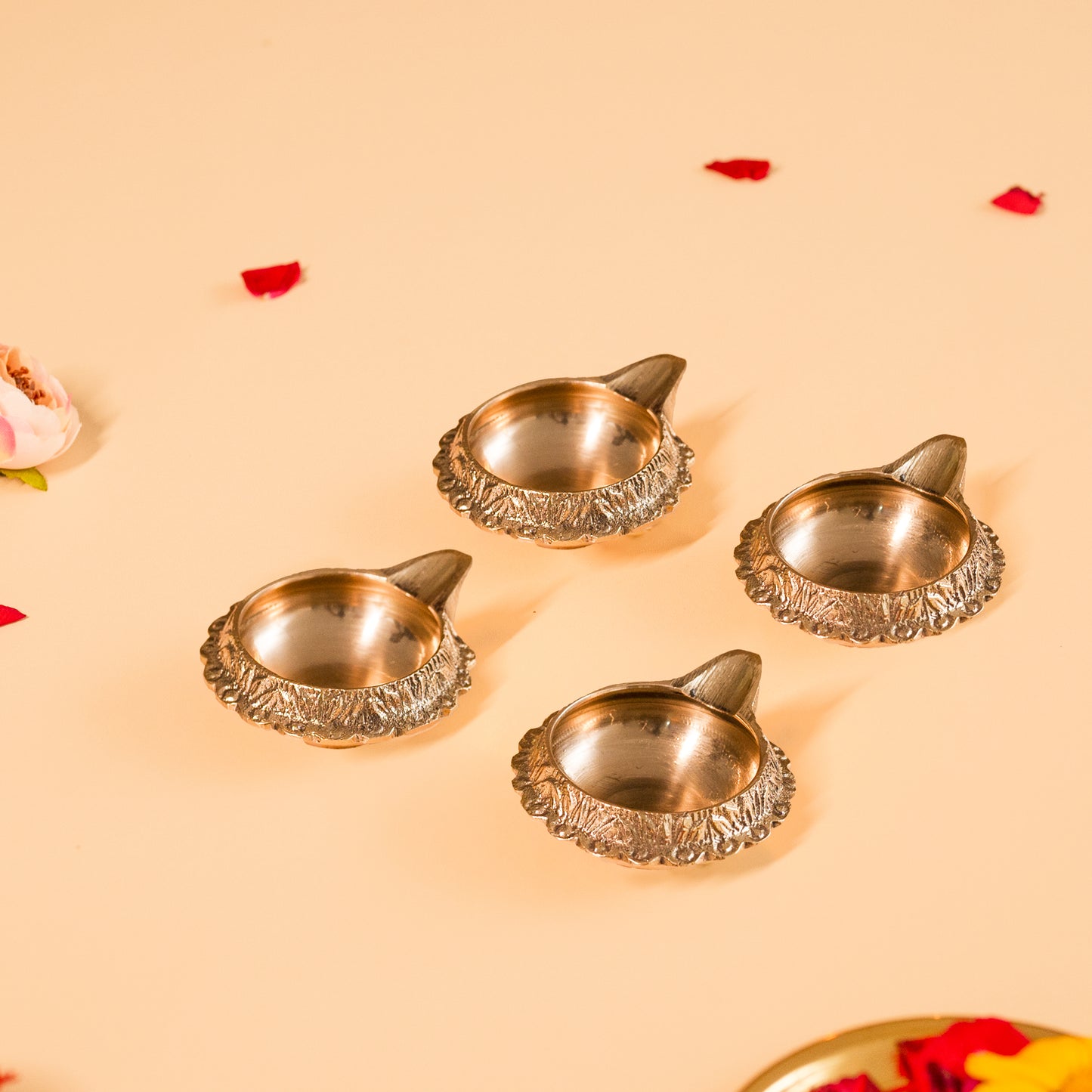Medium Size Set Of 4 Kuber Brass Aarti Diya for Home,Temples, Festive Gifts