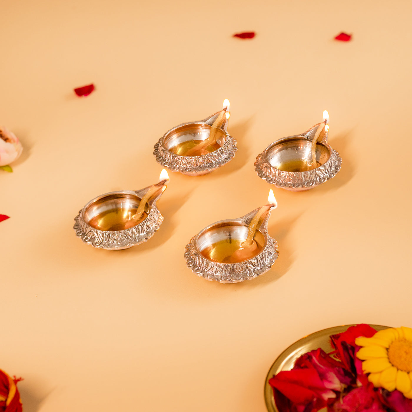 Medium Size Set Of 4 Kuber Brass Aarti Diya for Home,Temples, Festive Gifts