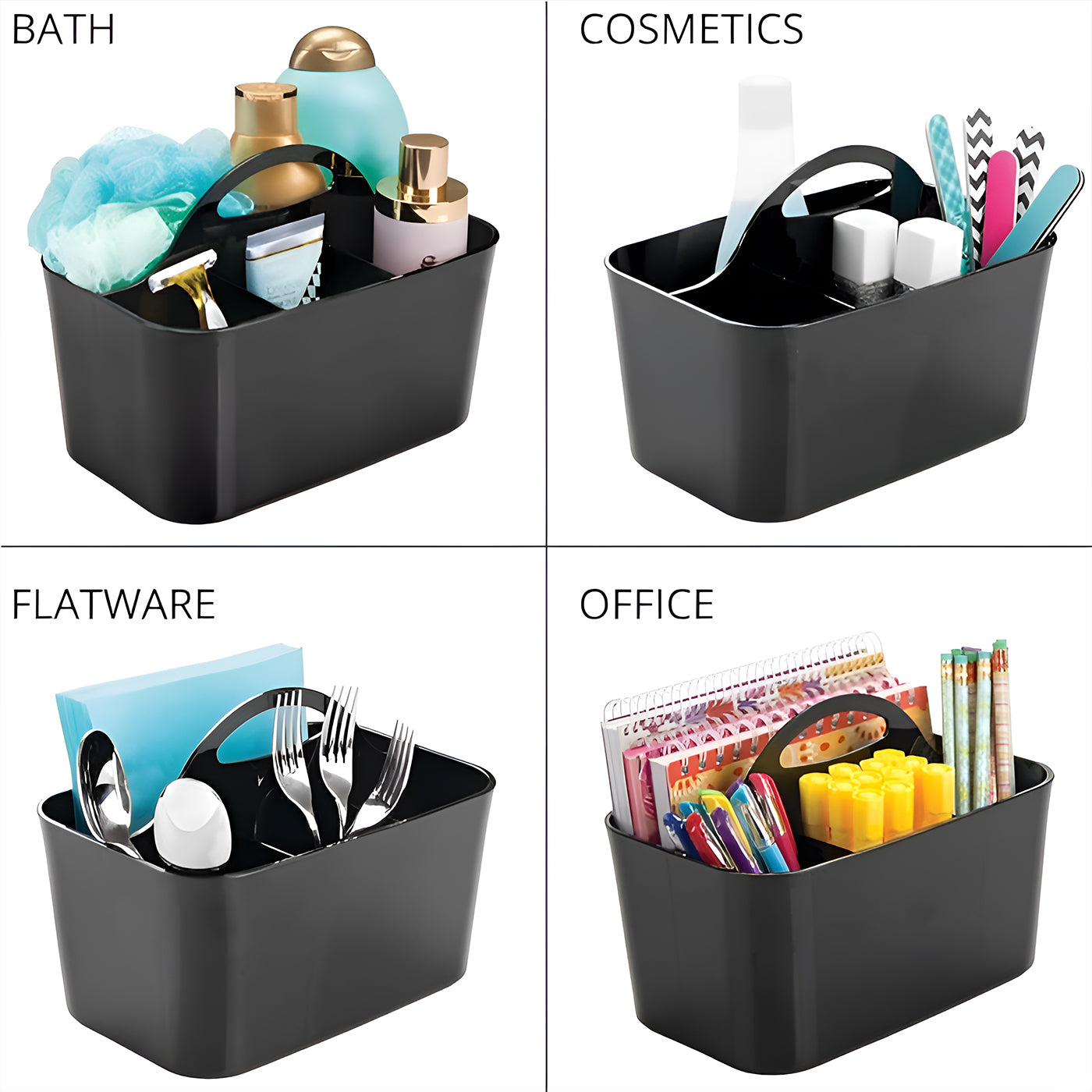 Multi-functional Plastic Desk and Bathroom Organizer 5 Compartments for Cosmetics, Pens, Pencils, and Toothpaste (Black)