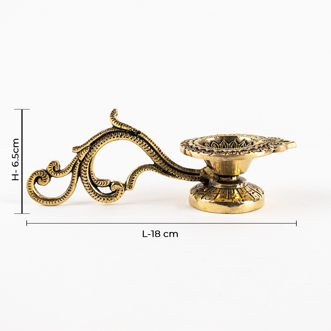 Brass Handcrafted Diya with Handle for Home Temple, Oil Wick Pooja Aarti Diya