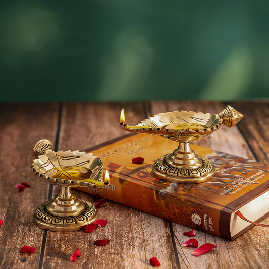 Brass Leaf Shaped Diya On Decorative Base (Single)