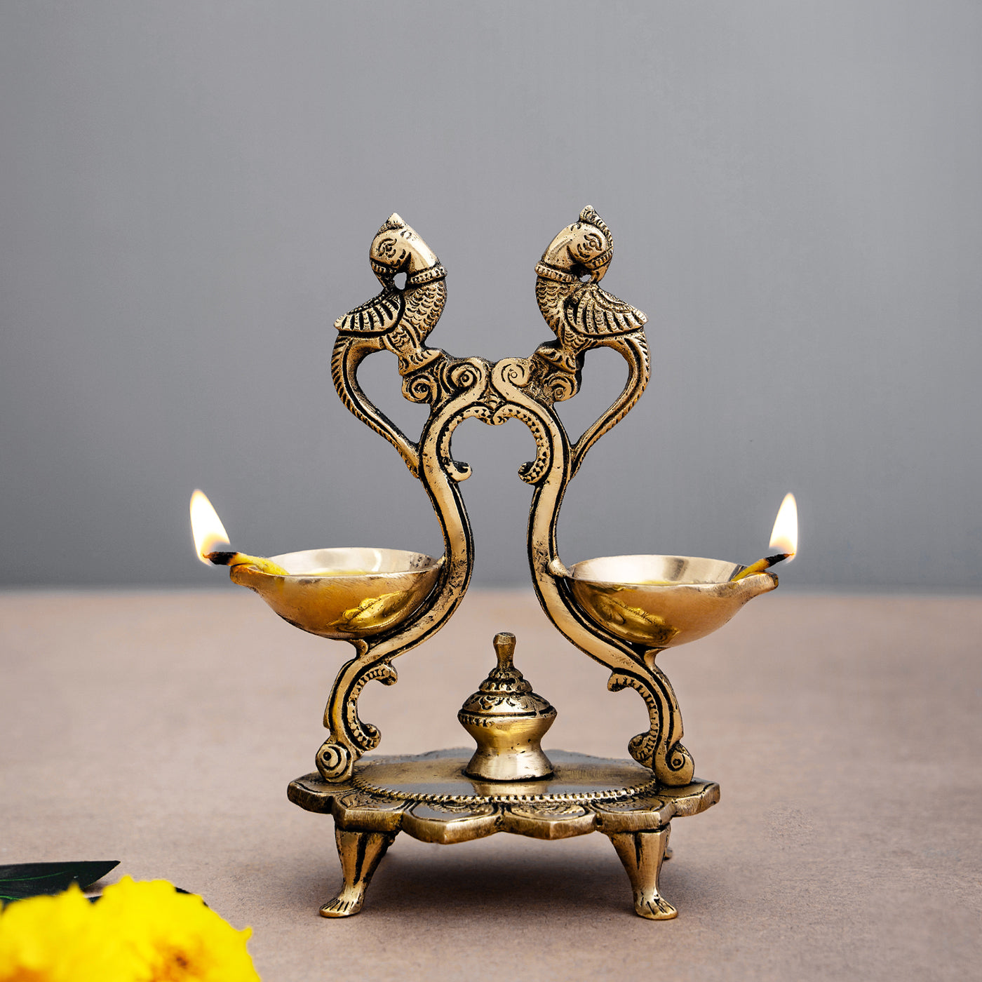 Peacock Design Twin Oil Wick Brass Diya