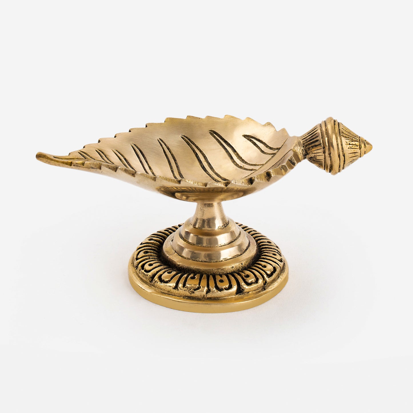 Brass Leaf Shaped Diya On Decorative Base (Single)