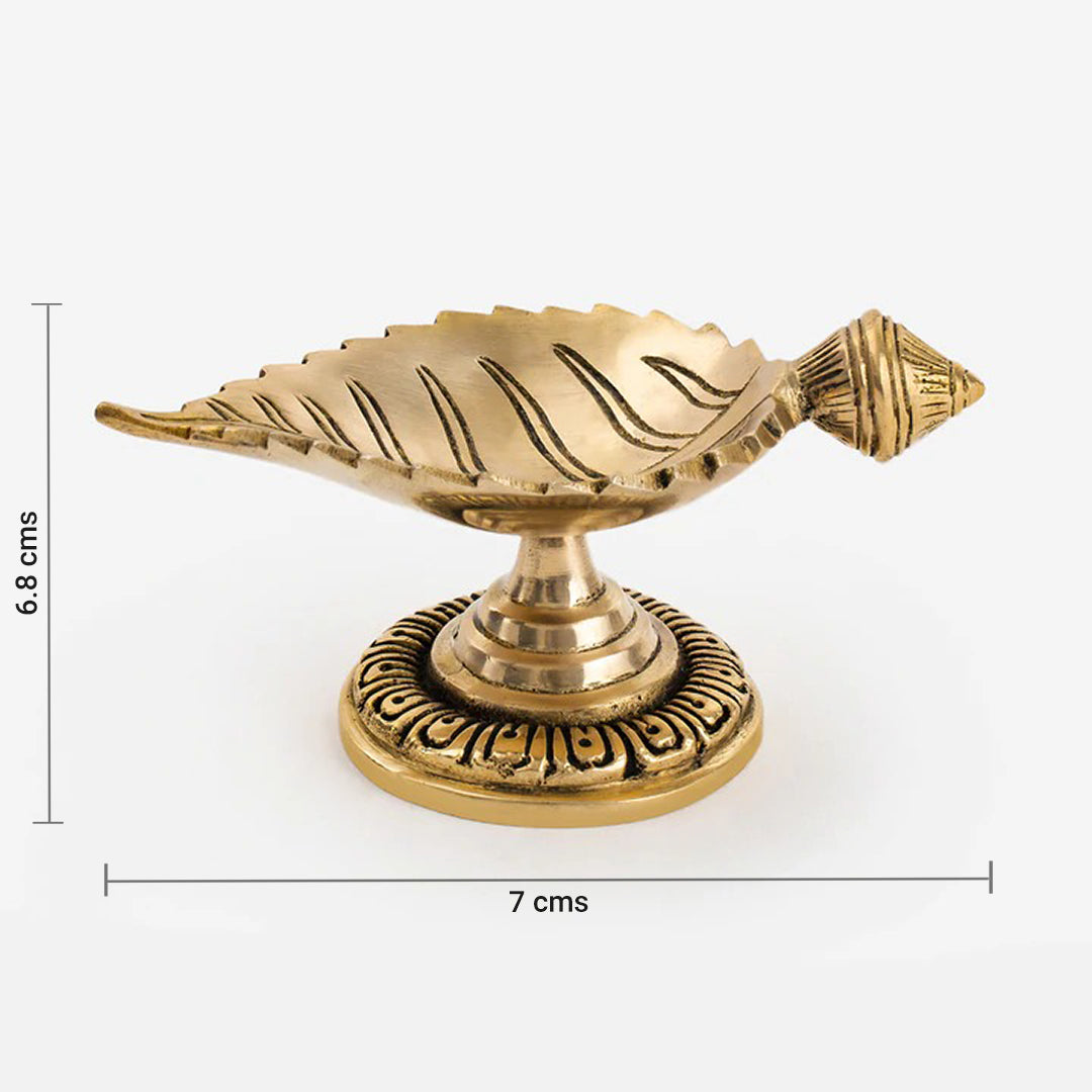 Brass Leaf Shaped Diya On Decorative Base (Single)
