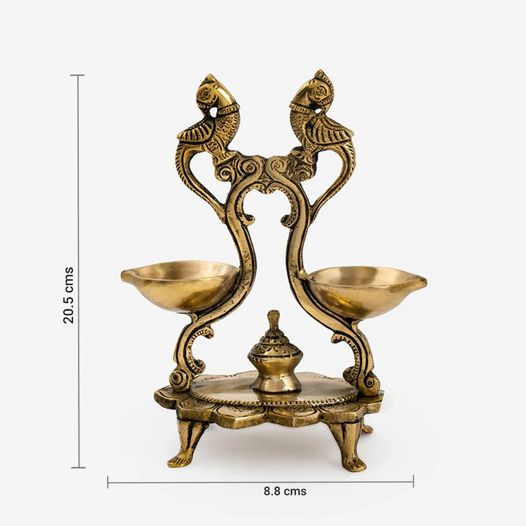 Peacock Design Twin Oil Wick Brass Diya