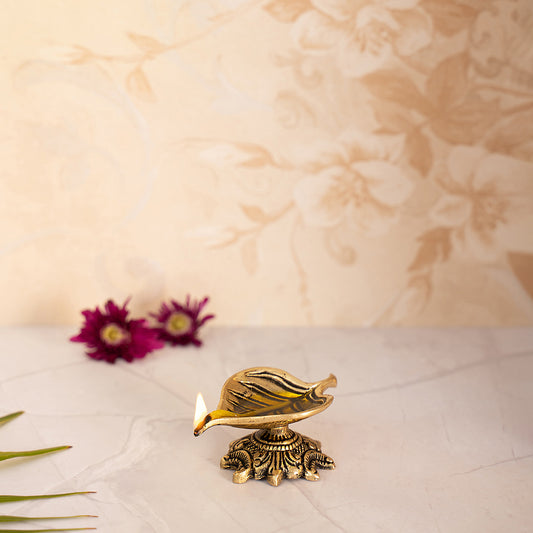 Brass Peepal Leaf Deep Diya for Home Office Temple Mandir Pooja Room