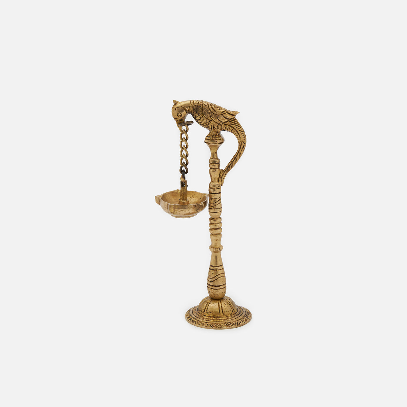 Vintage Brass Parrots With Hanging Oil & Wick Lamps On Chain - Pair