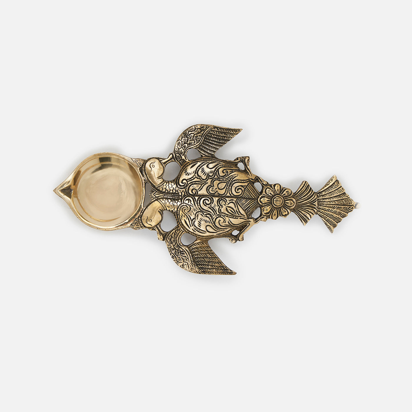 Brass Oil Lamp With Twin Peacock Bird Handle