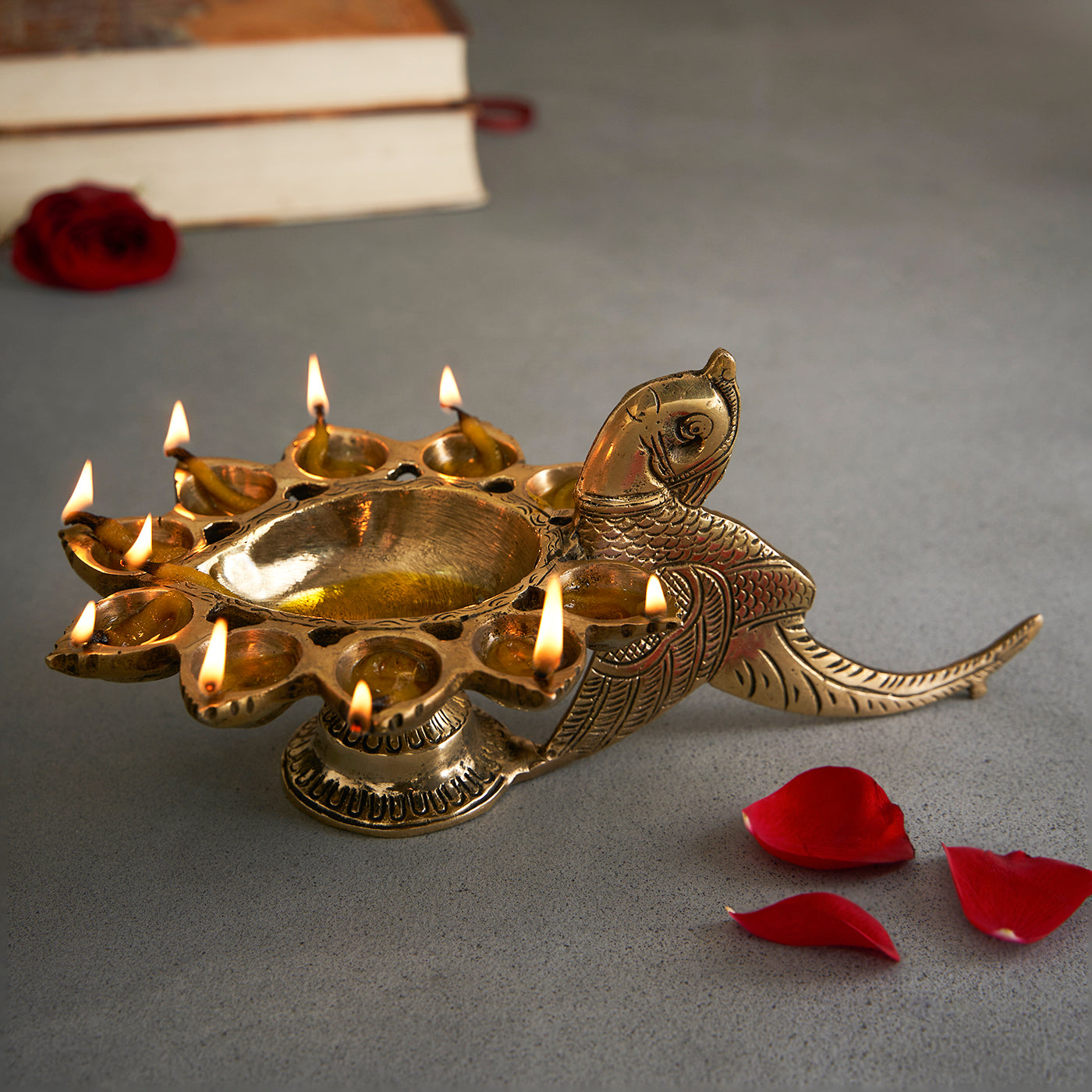 Brass Parrot Bird Design 11 Oil Wick Aarti Diya with Decorative Handle