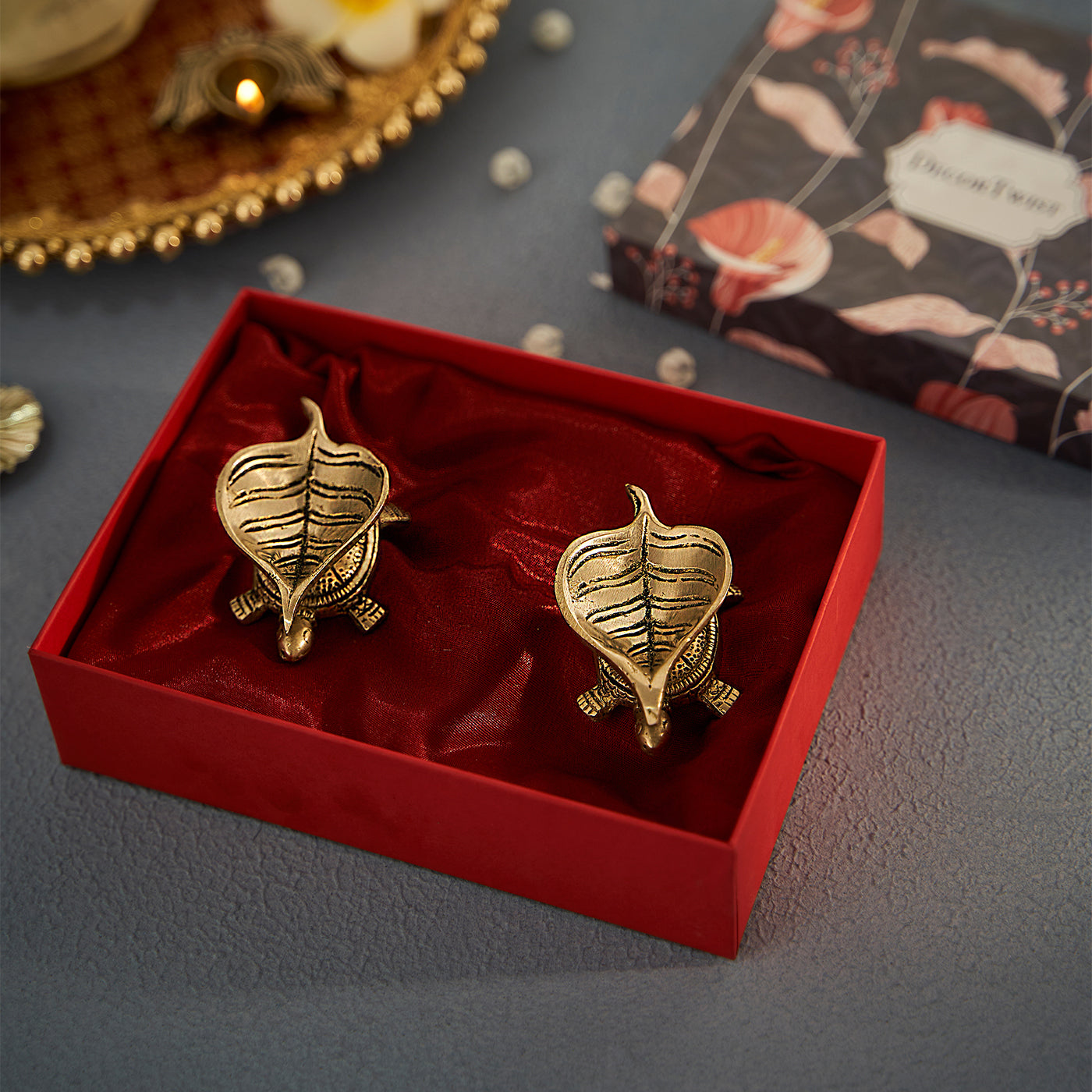 Vastu Decor-Tortoise Leaf Diya Set of 2 With Gift Box