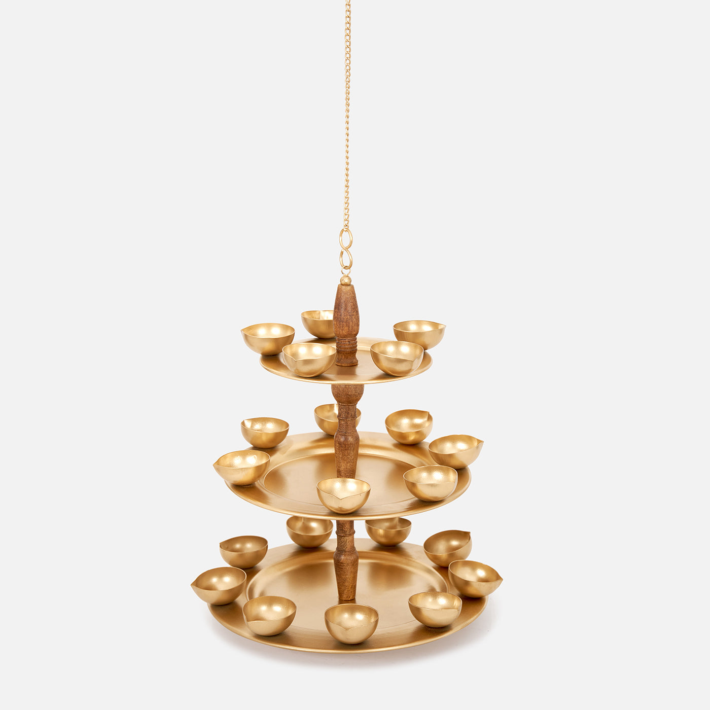 Golden Metal & Wood 3 Layered Hanging Tea Light Holder With 21 Diyas