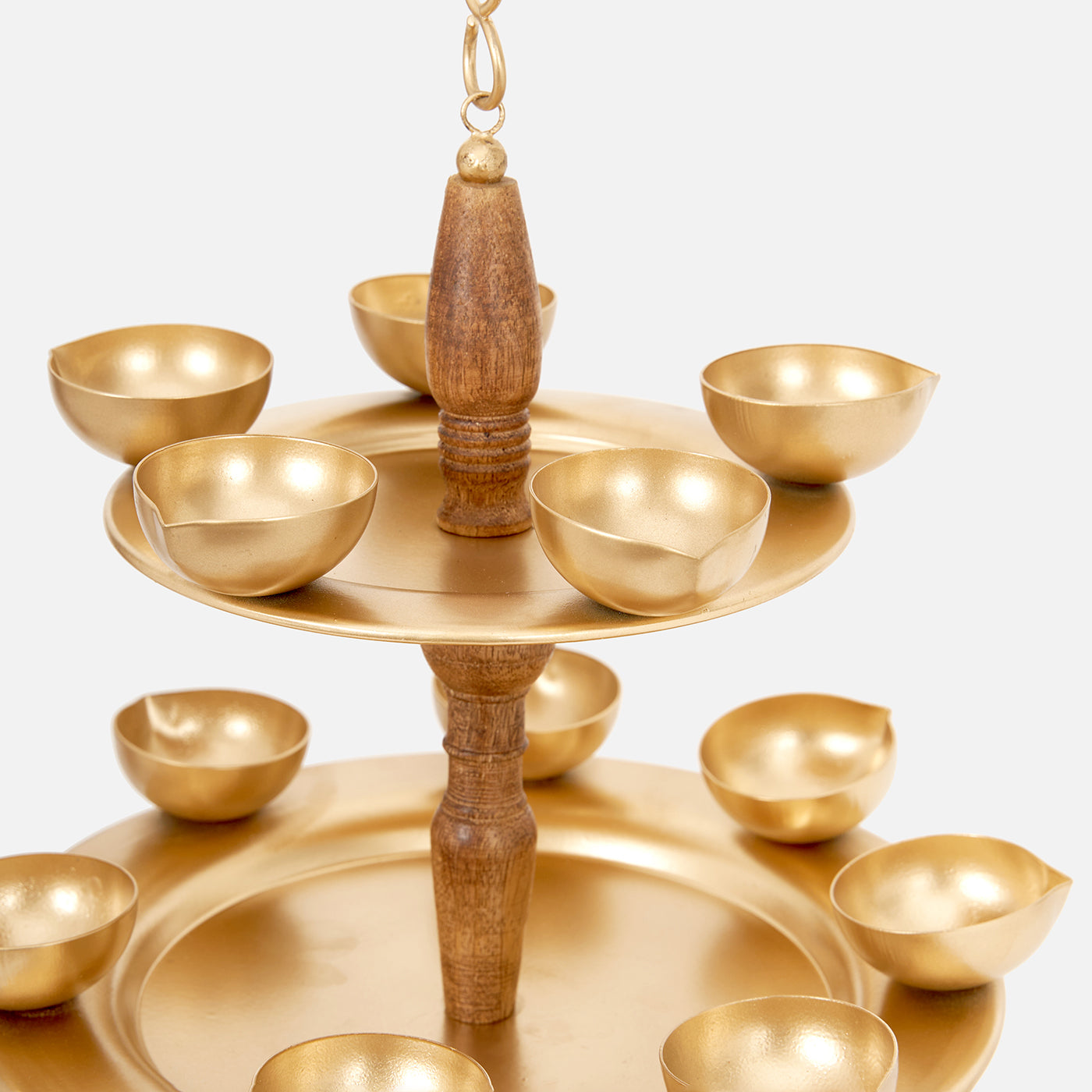 Golden Metal & Wood 3 Layered Hanging Tea Light Holder With 21 Diyas