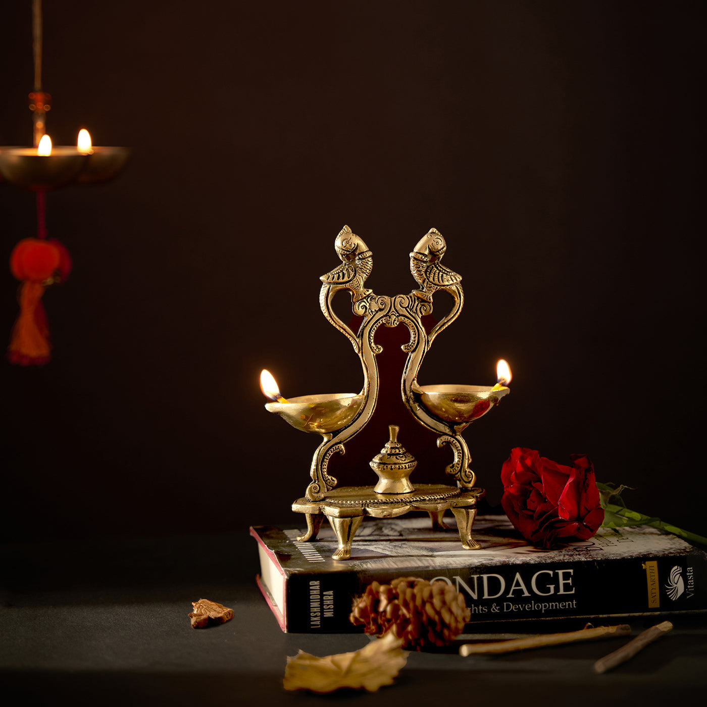 Peacock Design Twin Oil Wick Brass Diya