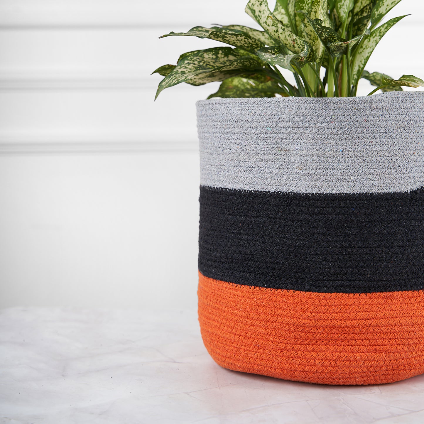Designer Braided Cotton Planter/Basket Grey, Black & Orange