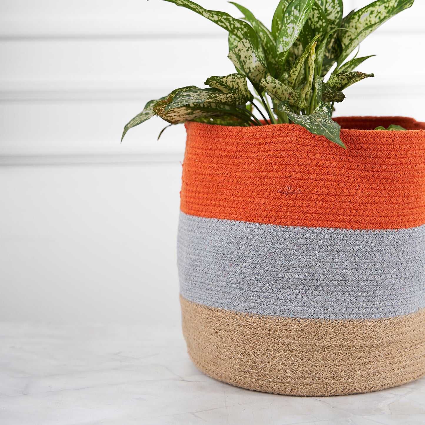 Designer Braided Cotton Planter/Basket Orange, Grey & Beige