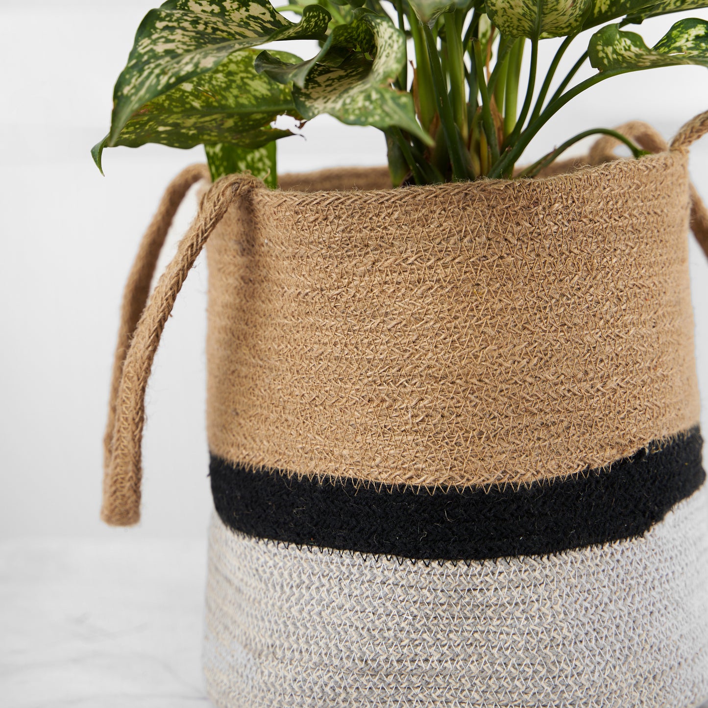Designer Braided Cotton Planter/Basket Beige, Black & Grey With Handle