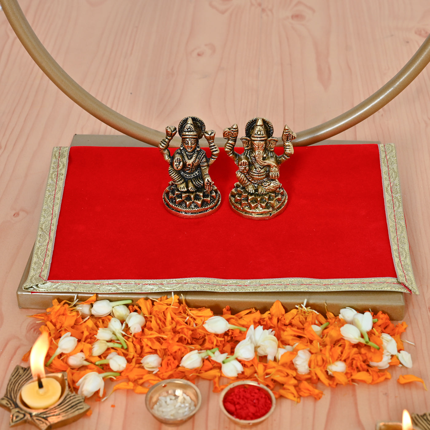 Premium Diwali Combo with Backdrop frame ,Pooja Aasan, Brass Laxmi Ganesh and Brass Lotus Diya - (Set of 4)
