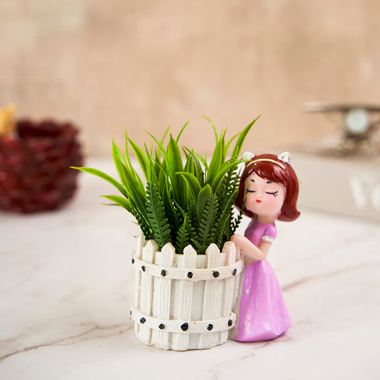 Cute Girl with White Basket Succulent Planter for Home Garden Office Desktop