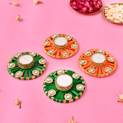 Satin Ribbon Hand-Woven Tea-Light Holders Set of 4