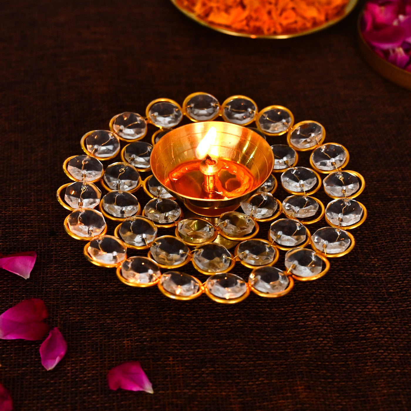 Small Crystal Akhand Diya Brass Oil Puja Lamp for Home and Office (Set of 2)