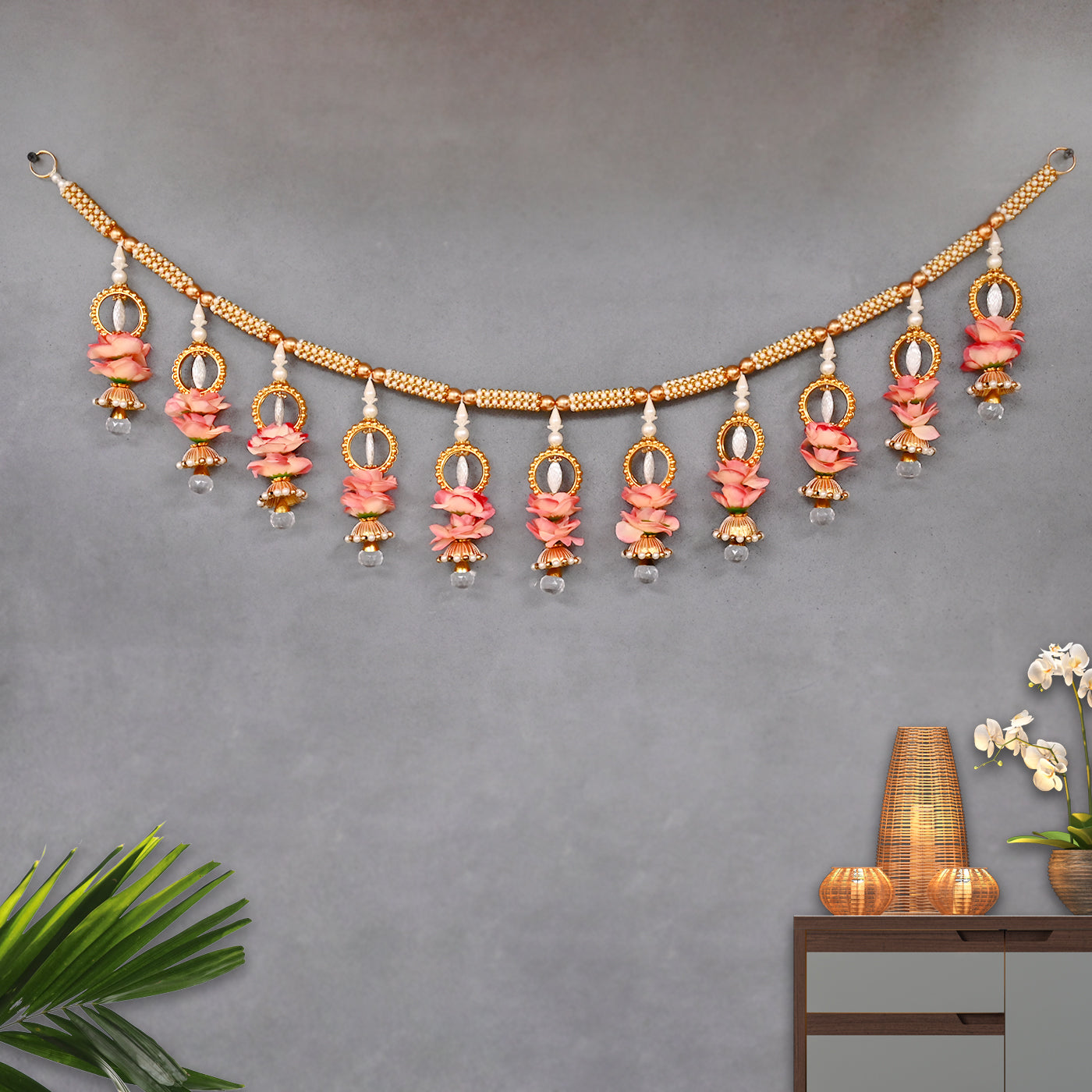 Handcrafted Artificial Peach Rose Bead Braided Toran