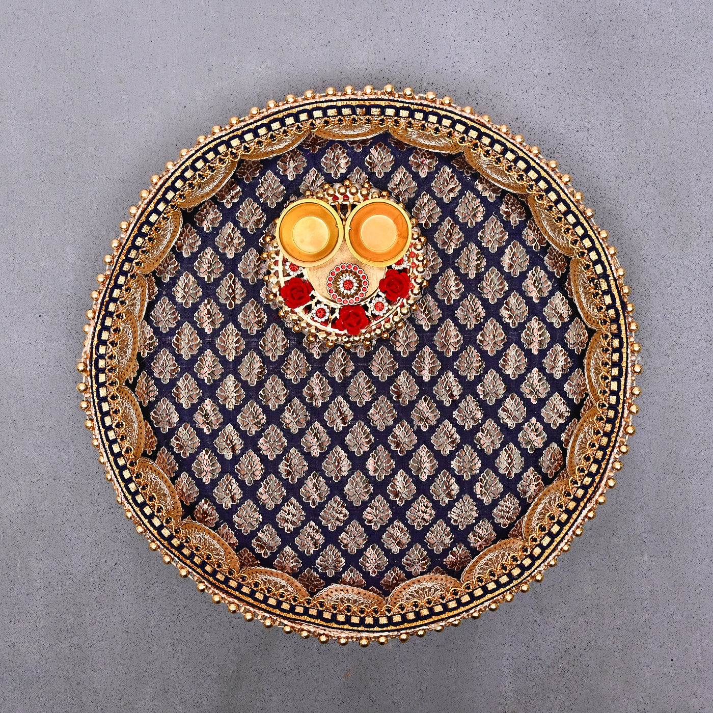 Stainless Steel Handcrafted Decorative Pooja Thali for Diwali Puja, Home, Temple, Mandir, Wedding, Bhai Dooj Decorative Puja Plate (Blue)