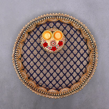Stainless Steel Handcrafted Decorative Pooja Thali for Diwali Puja, Home, Temple, Mandir, Wedding, Bhai Dooj Decorative Puja Plate (Blue)