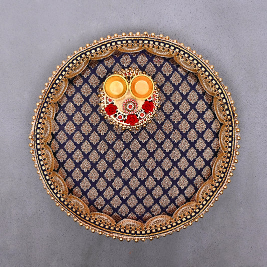Stainless Steel Handcrafted Decorative Pooja Thali for Diwali Puja, Home, Temple, Mandir, Wedding, Bhai Dooj Decorative Puja Plate (Blue)