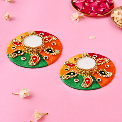 Rainbow Satin Ribbon Woven Tea-Light Holders with Small Crystals Set of 2