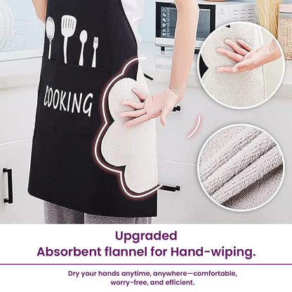 Waterproof Cooking Apron | Unisex Adjustable Apron with Front Pocket and Neck Strap | Side Coral Velvet Hands Towel for Kitchen, Cooking, Restaurant