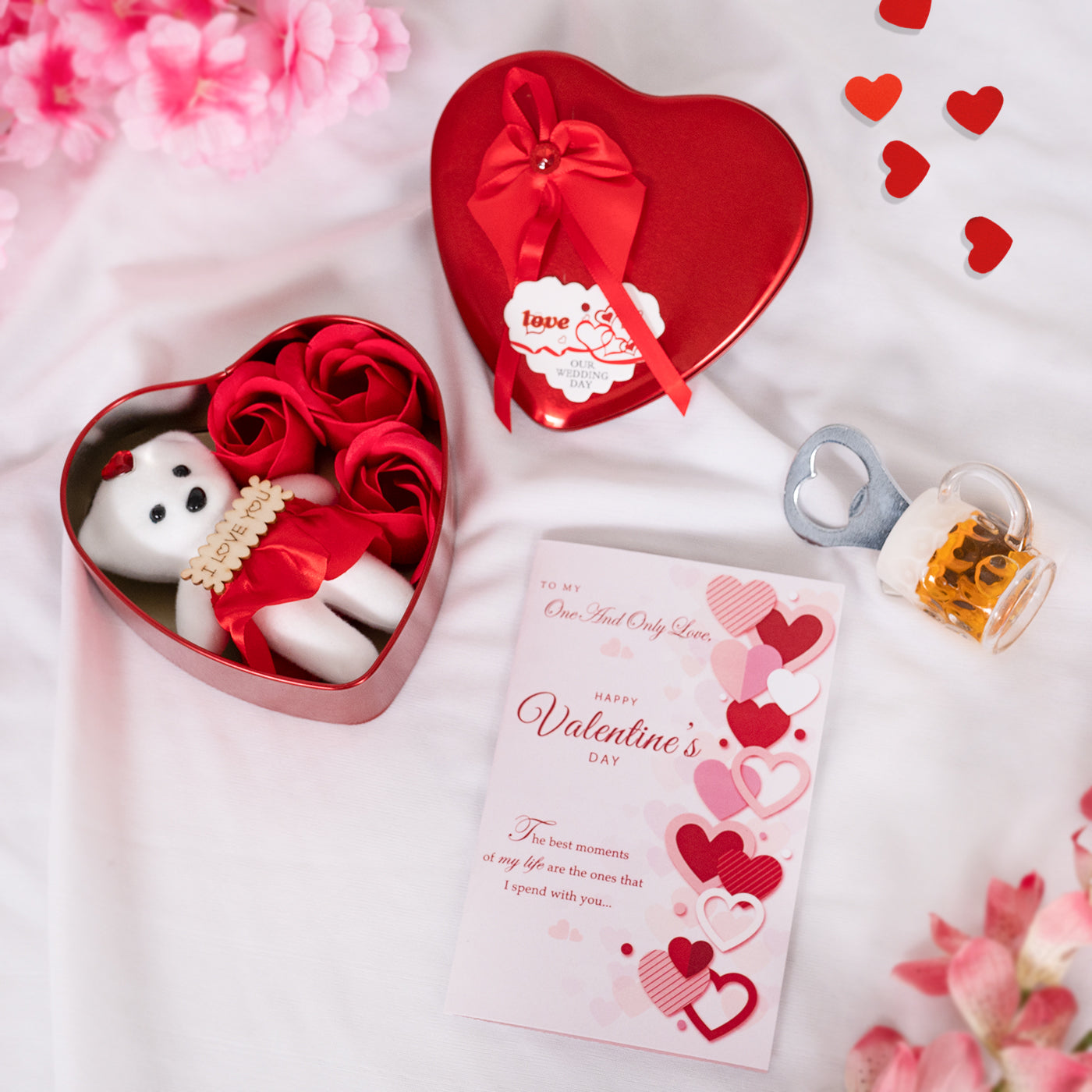 Heart Shape Box with Teddy and Red Rose Flowers, Assorted Greeting Card, Bottle Opener Combo