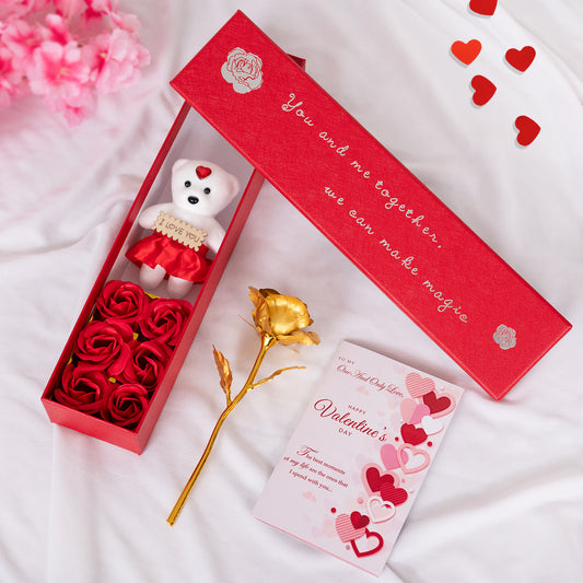Artificial Rose Flower with Teddy Gift Box, Assorted Greeting Card Combo Gifts