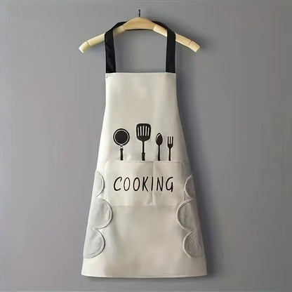 Waterproof Cooking Apron | Unisex Adjustable Apron with Front Pocket and Neck Strap | Side Coral Velvet Hands Towel for Kitchen, Cooking, Restaurant