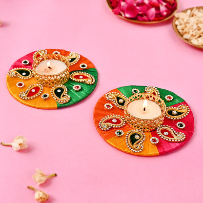 Rainbow Satin Ribbon Woven Tea-Light Holders with Small Crystals Set of 2