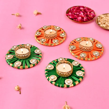 Satin Ribbon Hand-Woven Tea-Light Holders Set of 4