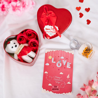 Heart Shape Box with Teddy and Red Rose Flowers, Assorted Greeting Card, Bottle Opener Combo