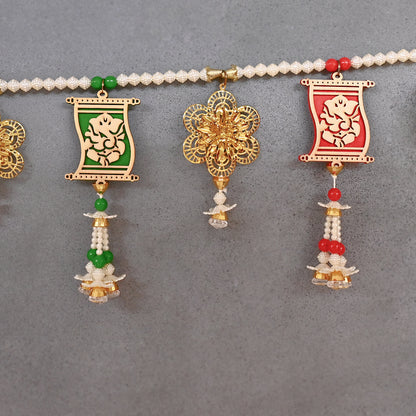 Wooden Ganesh Ji Toran with Flowers Braided with Beads