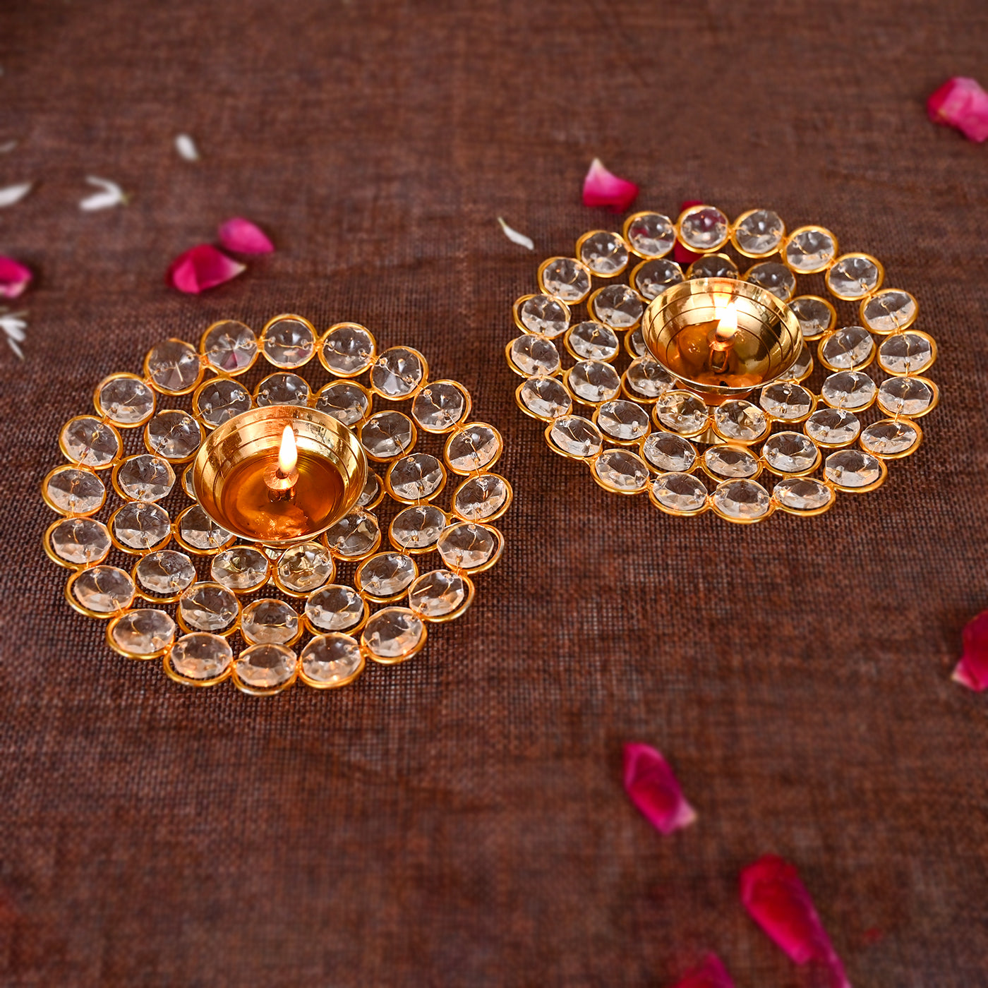 Small Crystal Akhand Diya Brass Oil Puja Lamp for Home and Office (Set of 2)