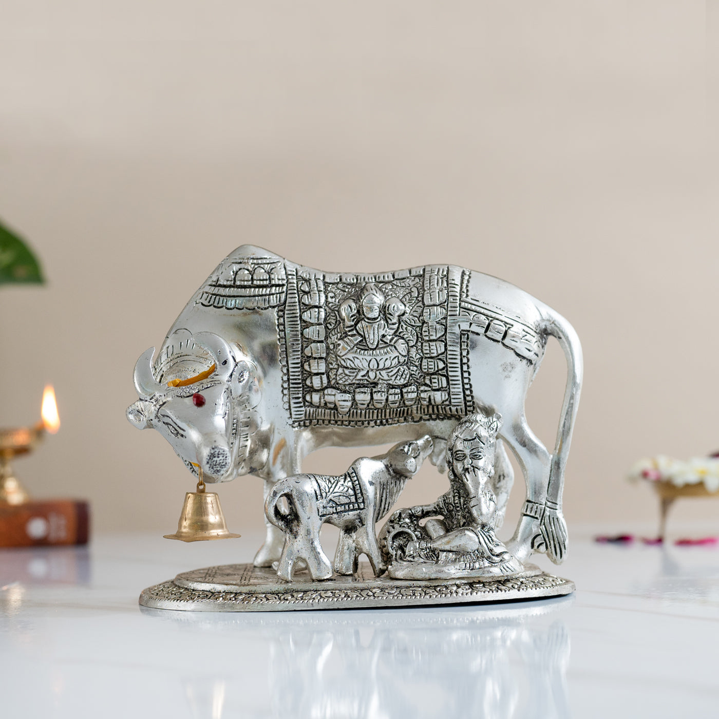 Metal Kamdhenu Cow & Calf with Bal Gopal Krishna Statue