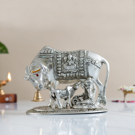 Metal Kamdhenu Cow & Calf with Bal Gopal Krishna Statue