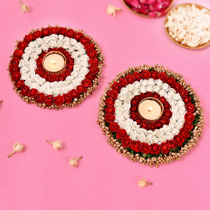 Red & White Rose Handcrafted Tea-Light Holders Set of 2