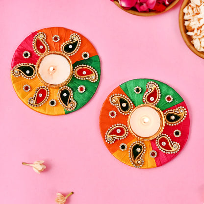 Rainbow Satin Ribbon Woven Tea-Light Holders with Small Crystals Set of 2